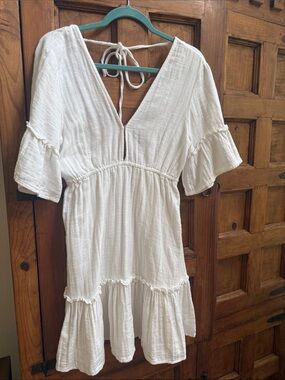 Billabong White Gauze V-Neck Tiered Mini Dress swim cover up